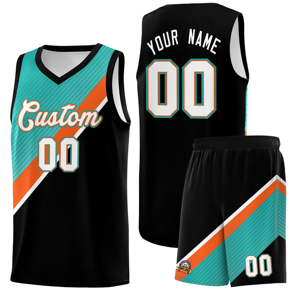 Custom Aqua Orange Black Diagonal Stripes Color Block Sets Basketball Jersey | For Men,Perfect for Teams,Perfect for Coaches,Sublimation Printed,For Kid,For Youth | KXKSHOP