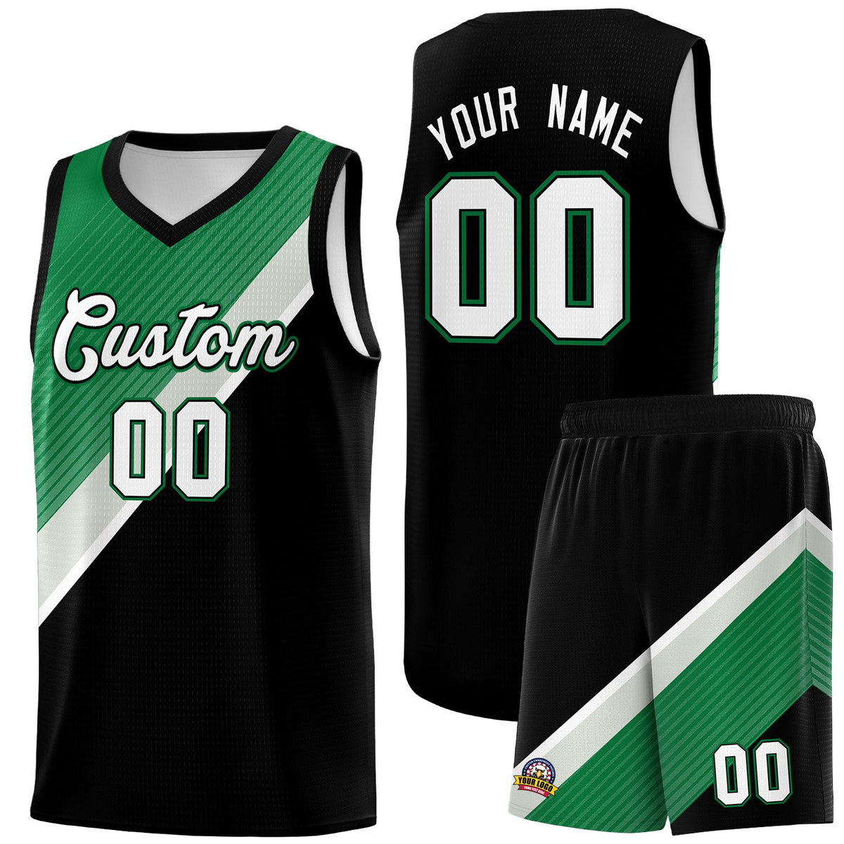 Custom Black Kelly Green Gray Diagonal Stripes Color Block Sets Basketball Jersey | For Men,Perfect for Teams,Perfect for Coaches,Sublimation Printed,For Kid,For Youth | KXKSHOP