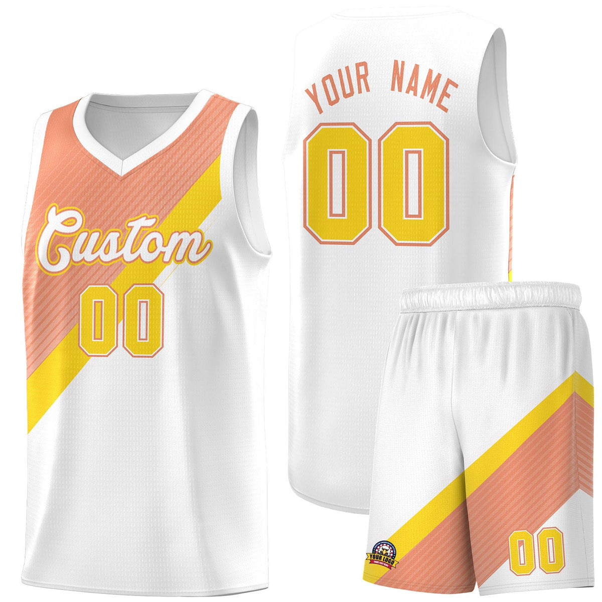 Custom White Light Orange Diagonal Stripes Color Block Sets Basketball Jersey | For Men,Perfect for Teams,Perfect for Coaches,Sublimation Printed,For Kid,For Youth | KXKSHOP