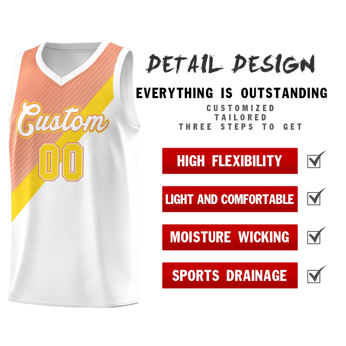 Custom White Light Orange Diagonal Stripes Color Block Sets Basketball Jersey | For Men,Perfect for Teams,Perfect for Coaches,Sublimation Printed,For Kid,For Youth | KXKSHOP