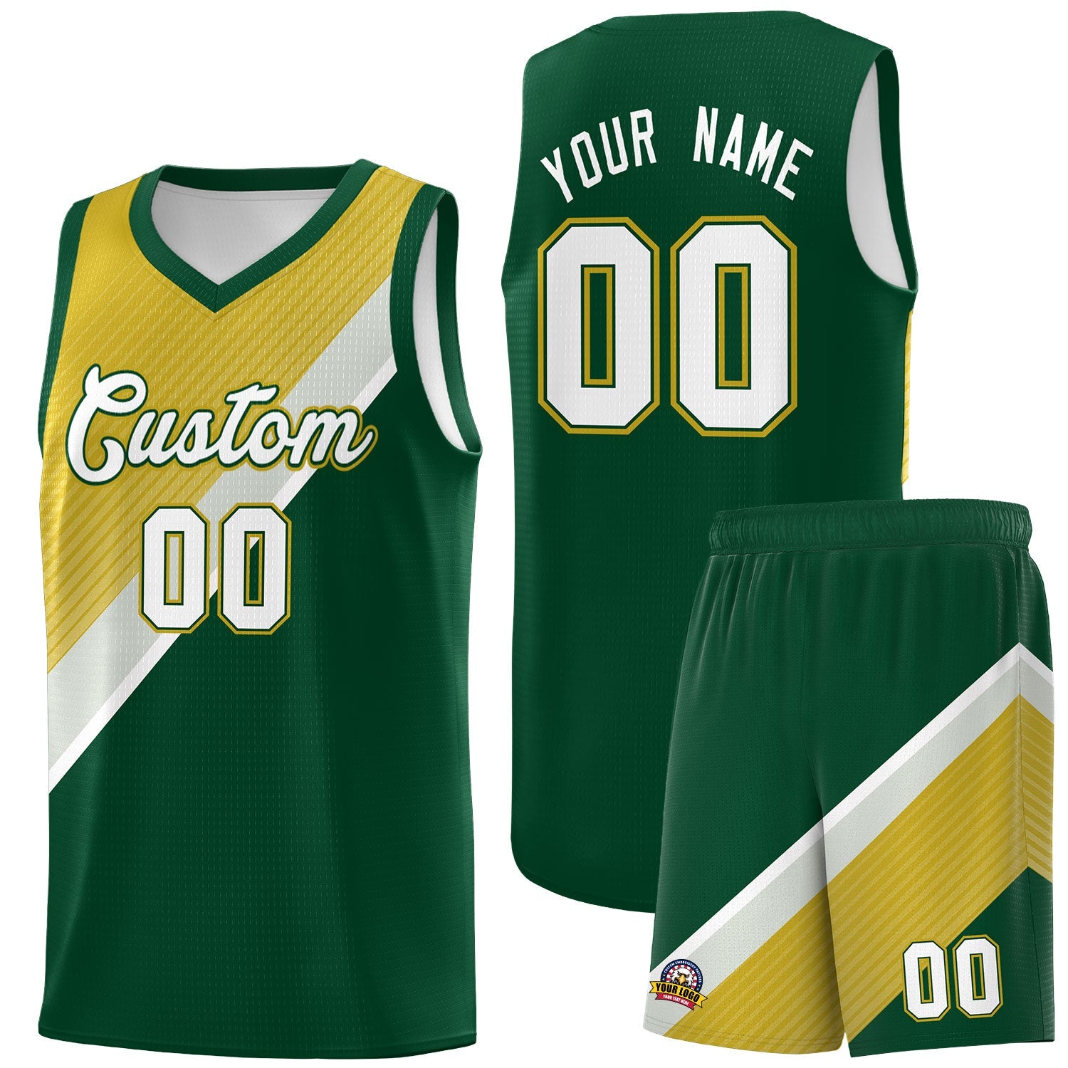 Custom Hunter Green Old Gold Gray Diagonal Stripes Color Block Sets Basketball Jersey | For Men,Perfect for Teams,Perfect for Coaches,Sublimation Printed,For Kid,For Youth | KXKSHOP
