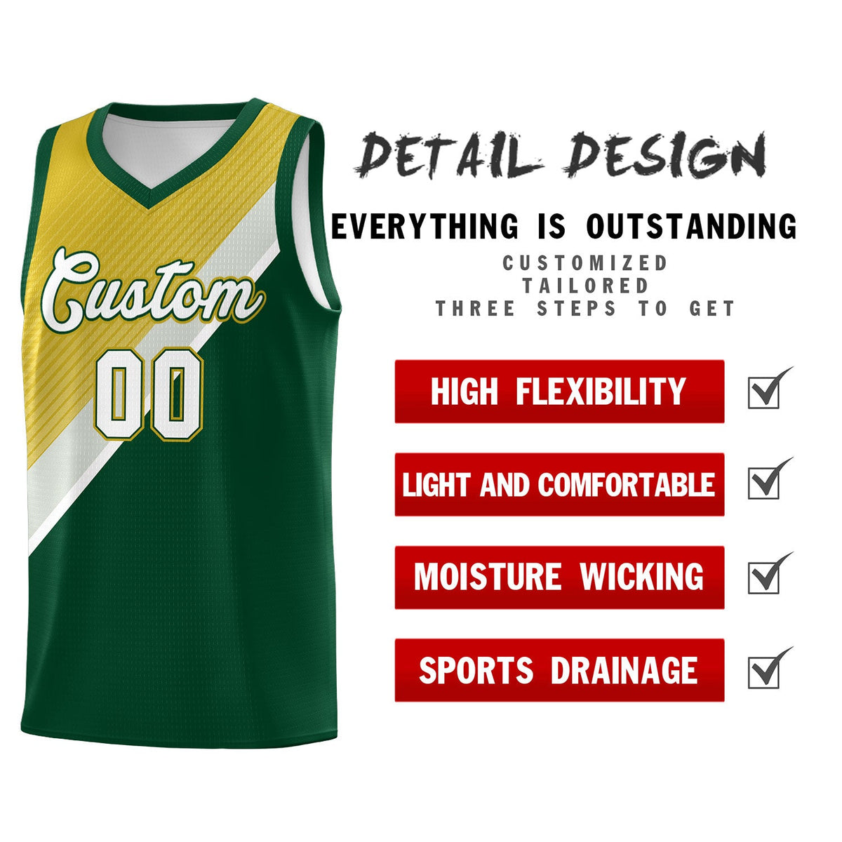 Custom Hunter Green Old Gold Gray Diagonal Stripes Color Block Sets Basketball Jersey | For Men,Perfect for Teams,Perfect for Coaches,Sublimation Printed,For Kid,For Youth | KXKSHOP