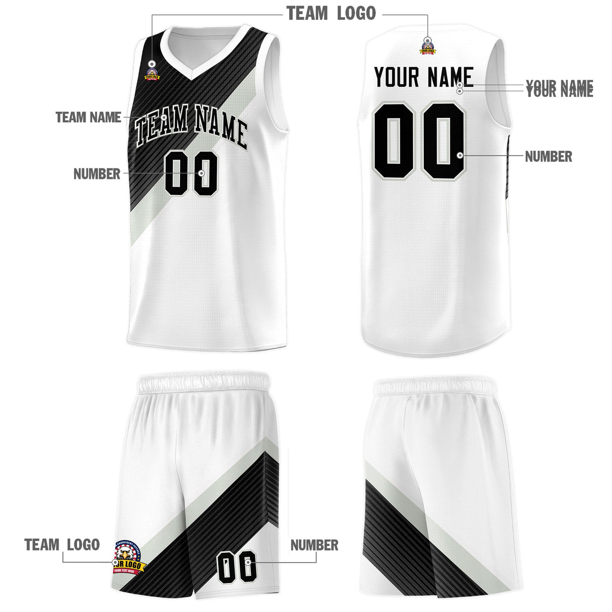 Custom White Black Gray Diagonal Stripes Color Block Sets Basketball Jersey | For Men,Perfect for Teams,Perfect for Coaches,Sublimation Printed,For Kid,For Youth | KXKSHOP