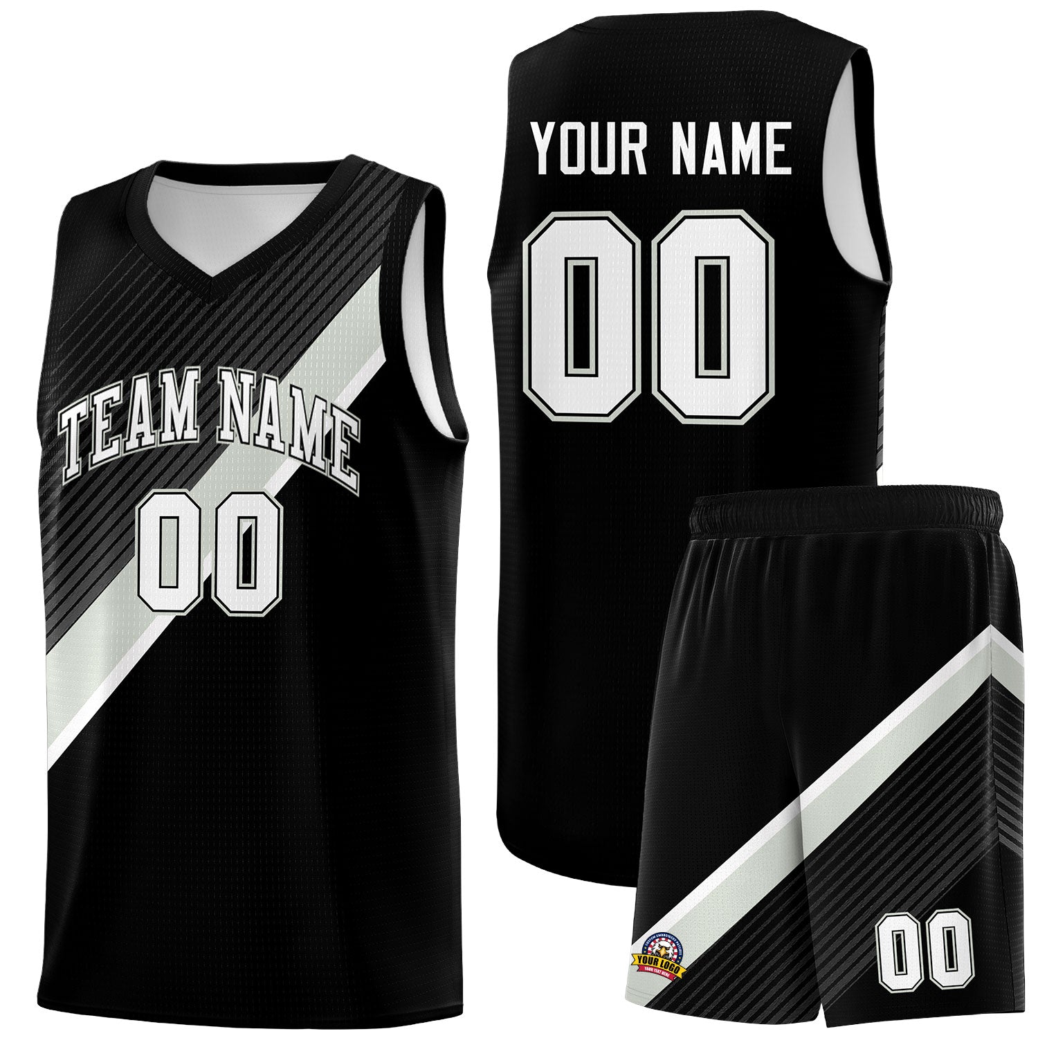 Custom Black Gray White Diagonal Stripes Color Block Sets Basketball Jersey | For Men,Perfect for Teams,Perfect for Coaches,Sublimation Printed,For Kid,For Youth | KXKSHOP