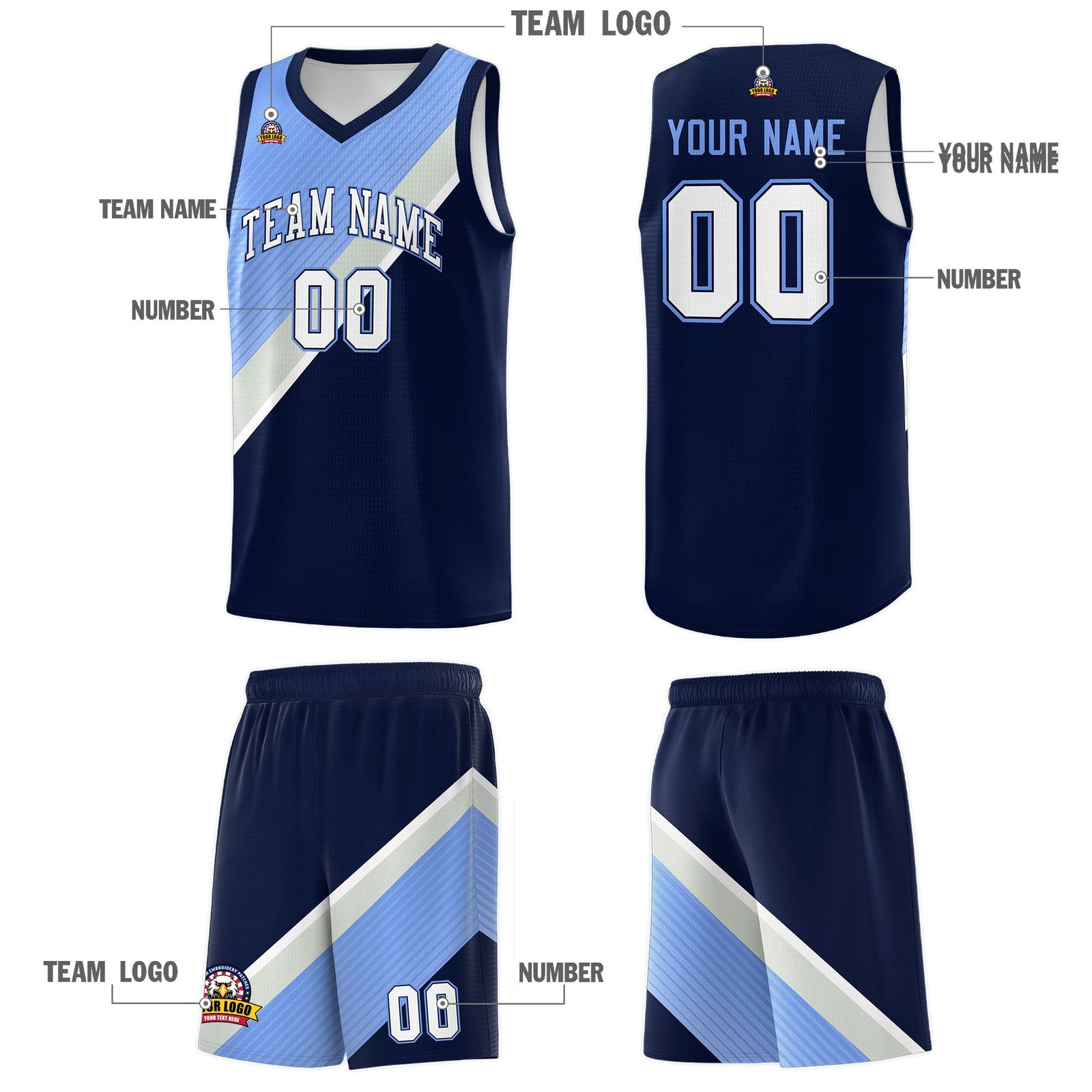 Custom Navy Light Blue Gray Diagonal Stripes Color Block Sets Basketball Jersey | For Men,Perfect for Teams,Perfect for Coaches,Sublimation Printed,For Kid,For Youth | KXKSHOP