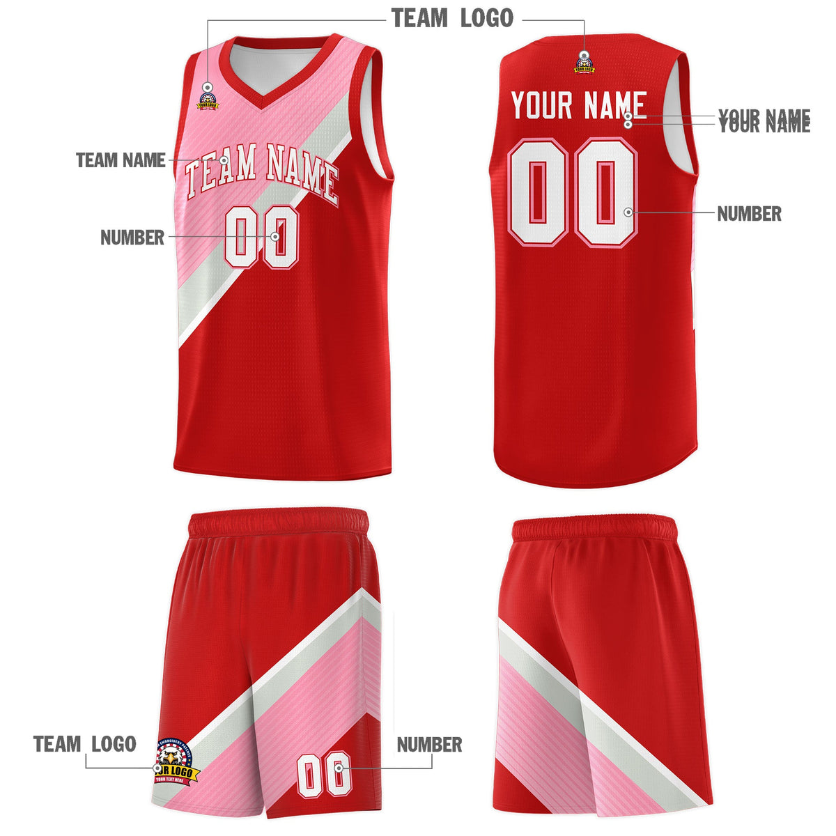 Custom Red Light Pink Gray Diagonal Stripes Color Block Sets Basketball Jersey | For Men,Perfect for Teams,Perfect for Coaches,Sublimation Printed,For Kid,For Youth | KXKSHOP