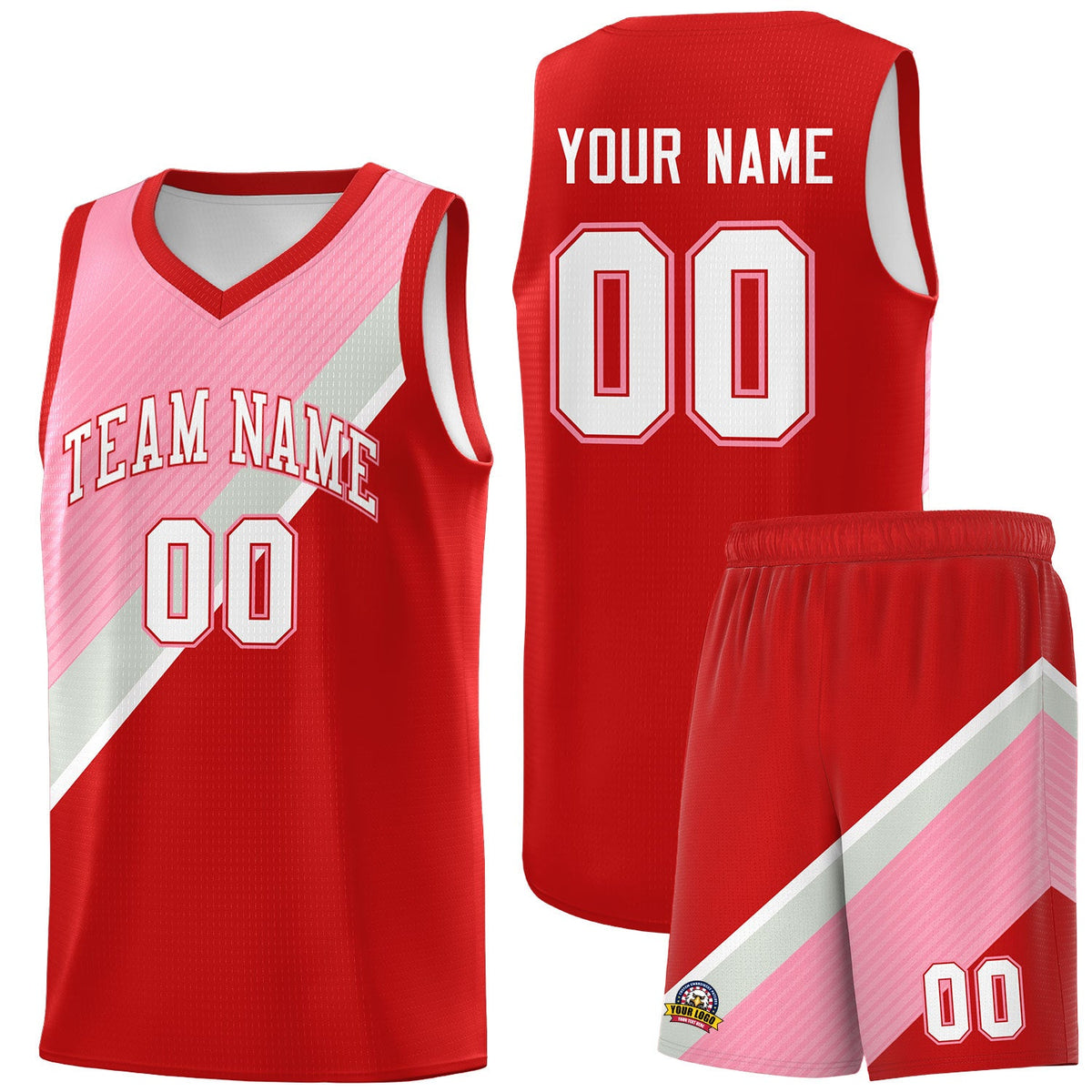Custom Red Light Pink Gray Diagonal Stripes Color Block Sets Basketball Jersey | For Men,Perfect for Teams,Perfect for Coaches,Sublimation Printed,For Kid,For Youth | KXKSHOP