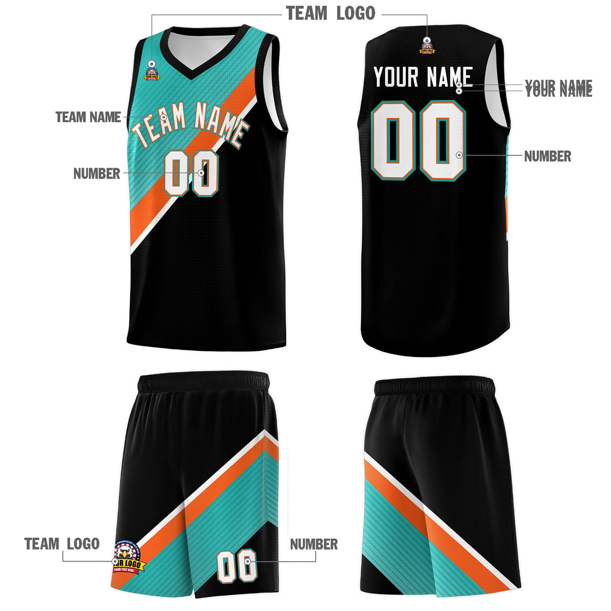 Custom Aqua Orange Black Diagonal Stripes Color Block Sets Basketball Jersey | For Men,Perfect for Teams,Perfect for Coaches,Sublimation Printed,For Kid,For Youth | KXKSHOP