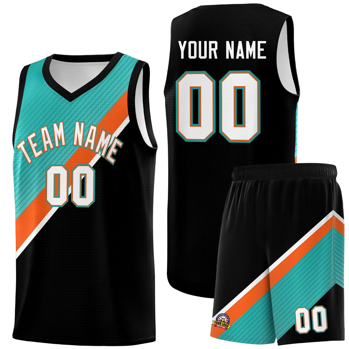 Custom Aqua Orange Black Diagonal Stripes Color Block Sets Basketball Jersey | For Men,Perfect for Teams,Perfect for Coaches,Sublimation Printed,For Kid,For Youth | KXKSHOP
