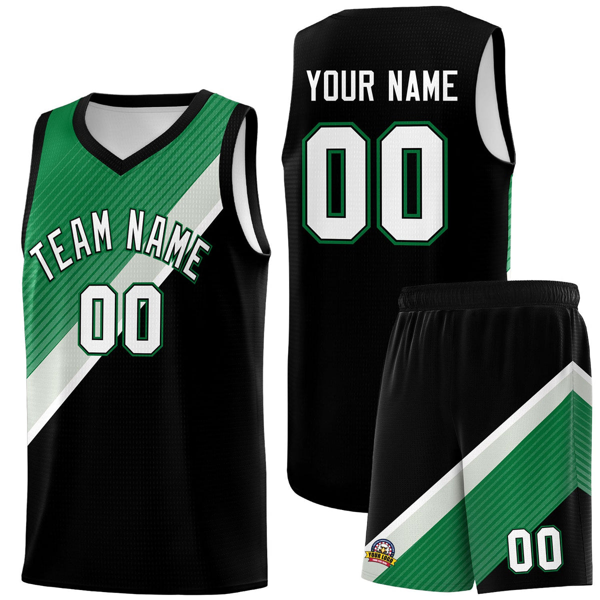 Custom Black Kelly Green Gray Diagonal Stripes Color Block Sets Basketball Jersey | For Men,Perfect for Teams,Perfect for Coaches,Sublimation Printed,For Kid,For Youth | KXKSHOP