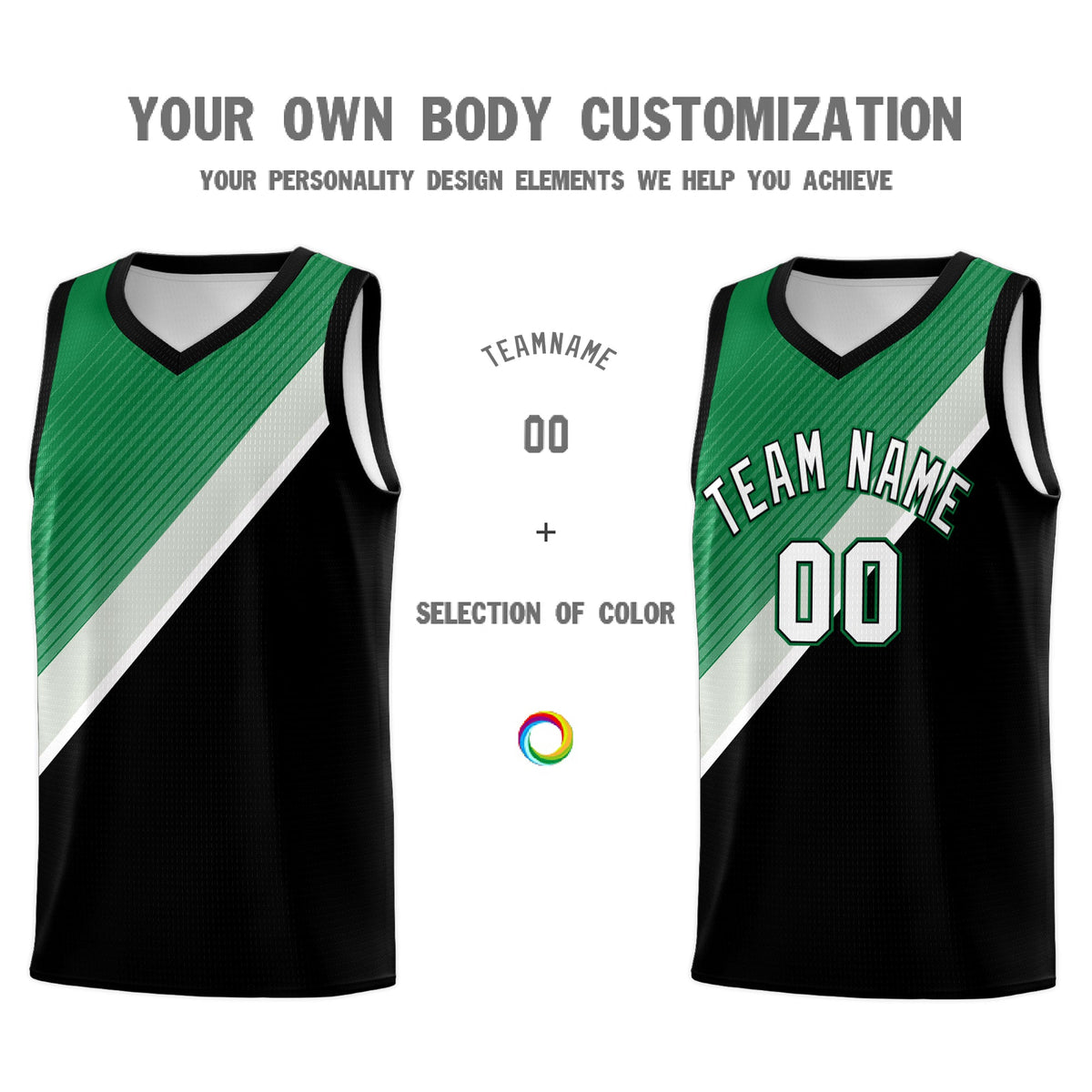 Custom Black Kelly Green Gray Diagonal Stripes Color Block Sets Basketball Jersey | For Men,Perfect for Teams,Perfect for Coaches,Sublimation Printed,For Kid,For Youth | KXKSHOP