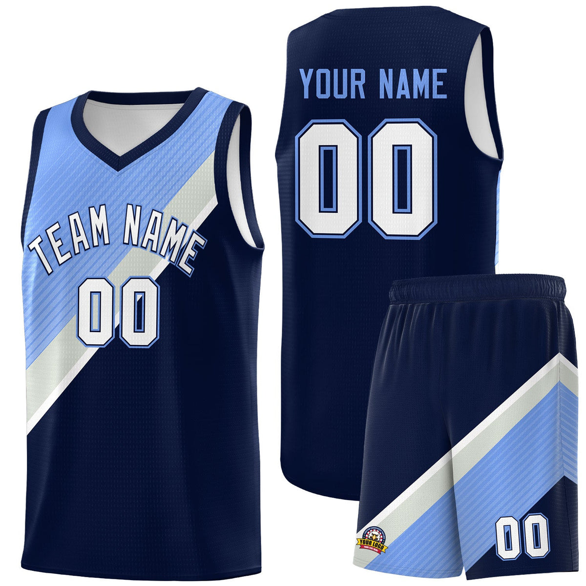 Custom Navy Light Blue Gray Diagonal Stripes Color Block Sets Basketball Jersey | For Men,Perfect for Teams,Perfect for Coaches,Sublimation Printed,For Kid,For Youth | KXKSHOP