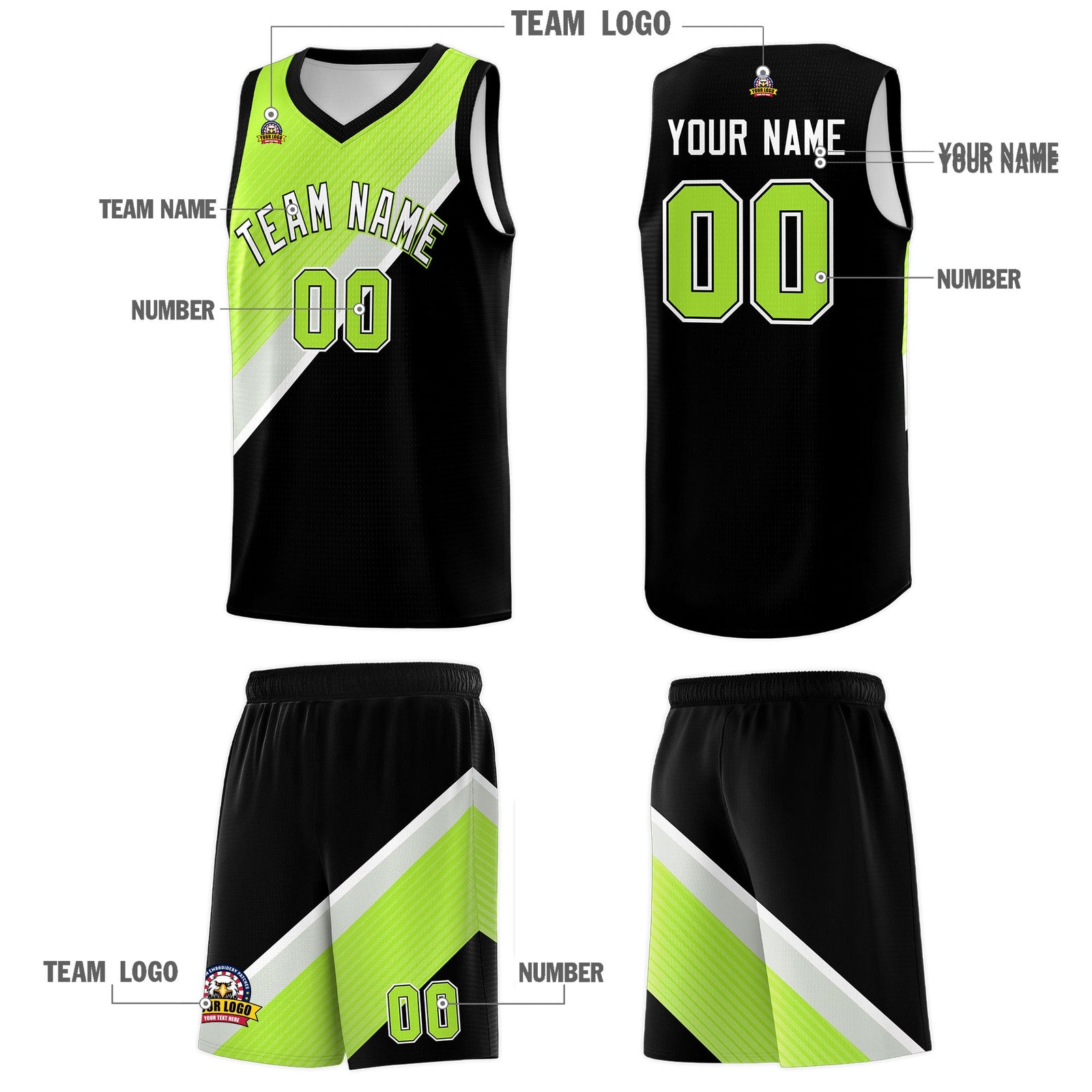 Custom Black Neon Green Gray Diagonal Stripes Color Block Sets Basketball Jersey | For Men,Perfect for Teams,Perfect for Coaches,Sublimation Printed,For Kid,For Youth | KXKSHOP