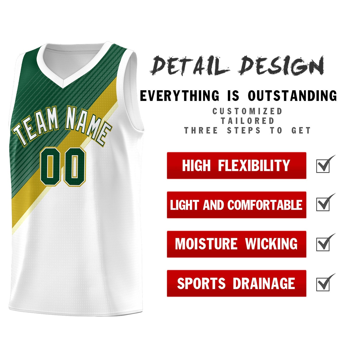 Custom White Hunter Green Old Gold Diagonal Stripes Color Block Sets Basketball Jersey | For Men,Perfect for Teams,Perfect for Coaches,Sublimation Printed,For Kid,For Youth | KXKSHOP