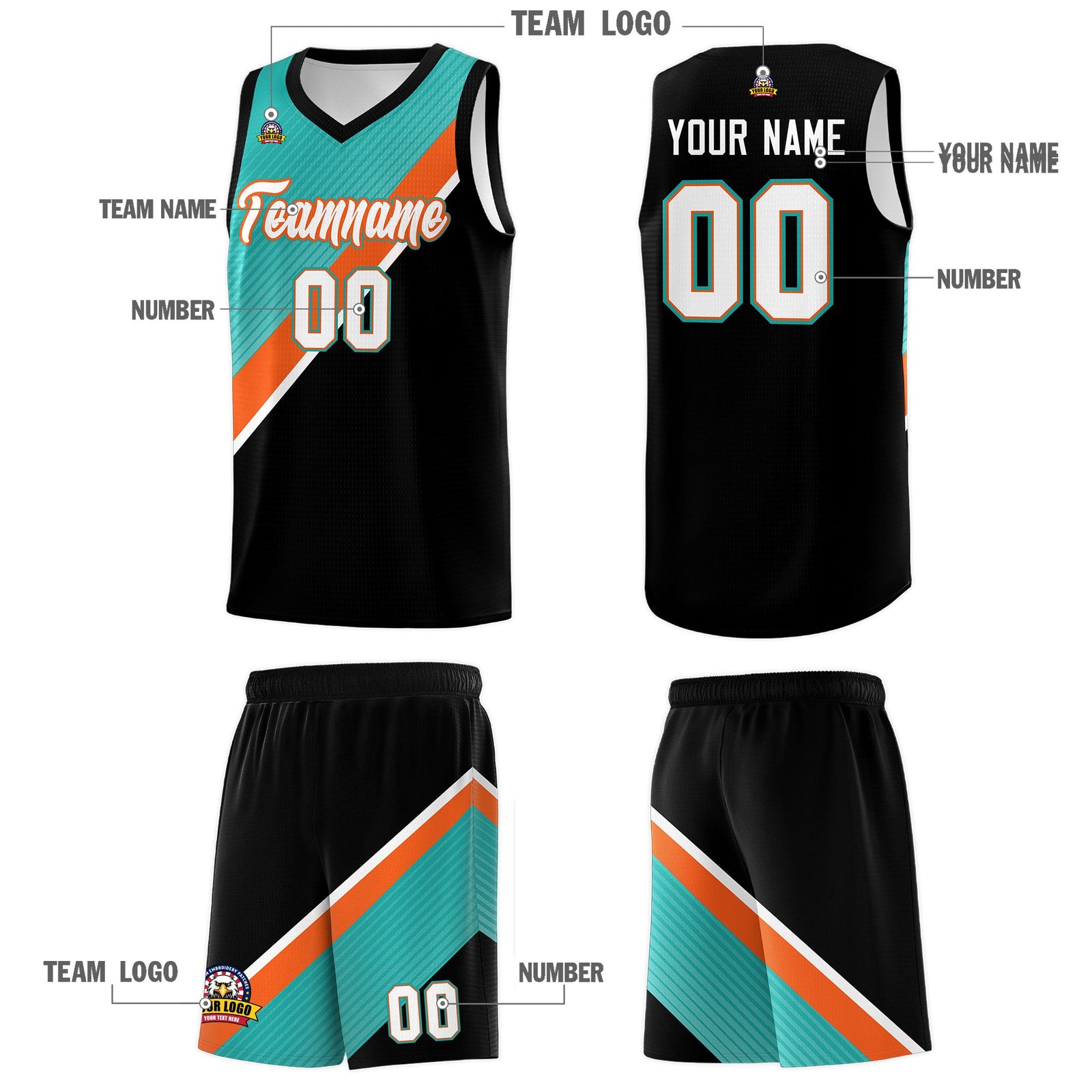 Custom Aqua Orange Black Diagonal Stripes Color Block Sets Basketball Jersey | For Men,Perfect for Teams,Perfect for Coaches,Sublimation Printed,For Kid,For Youth | KXKSHOP