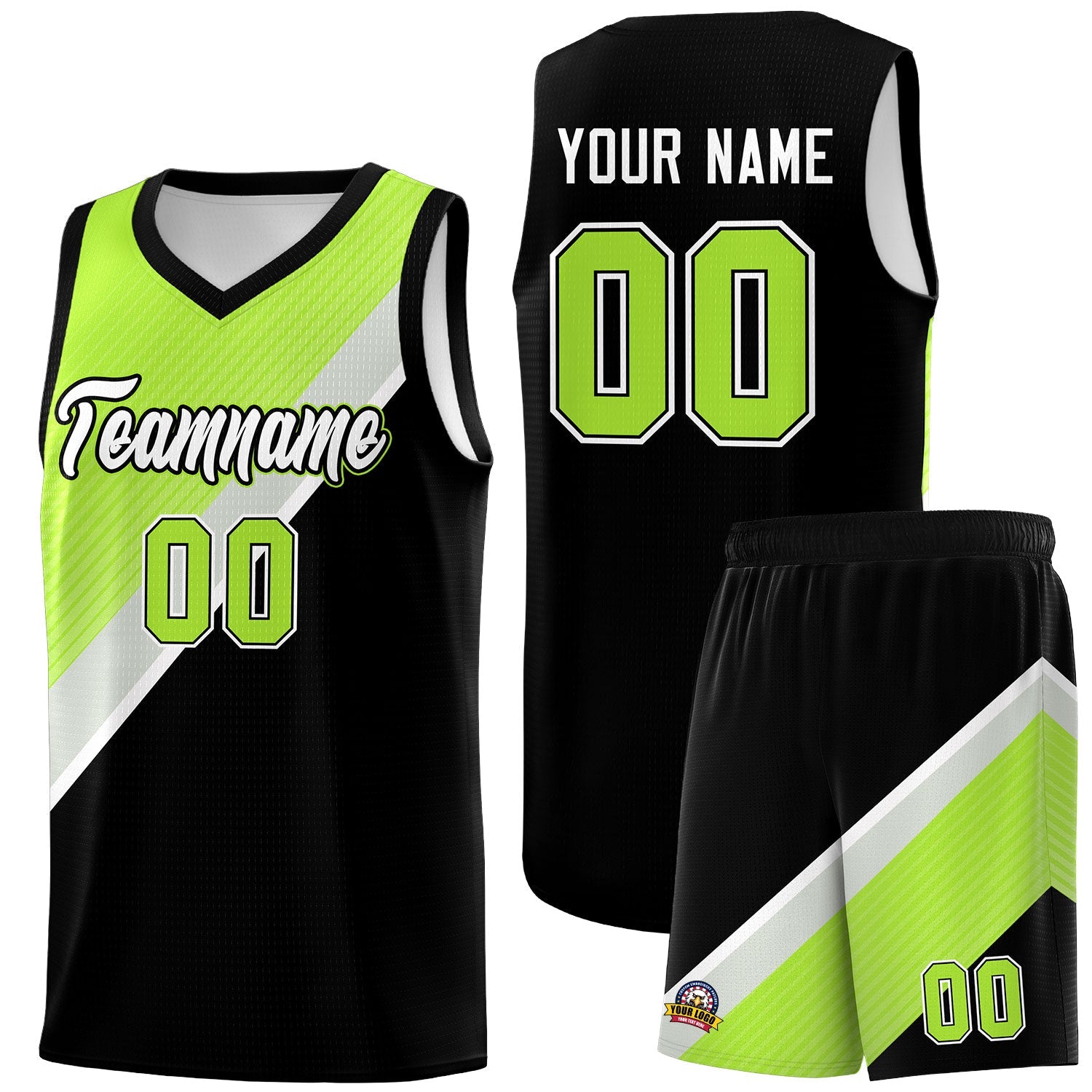 Custom Black Neon Green Gray Diagonal Stripes Color Block Sets Basketball Jersey | For Men,Perfect for Teams,Perfect for Coaches,Sublimation Printed,For Kid,For Youth | KXKSHOP