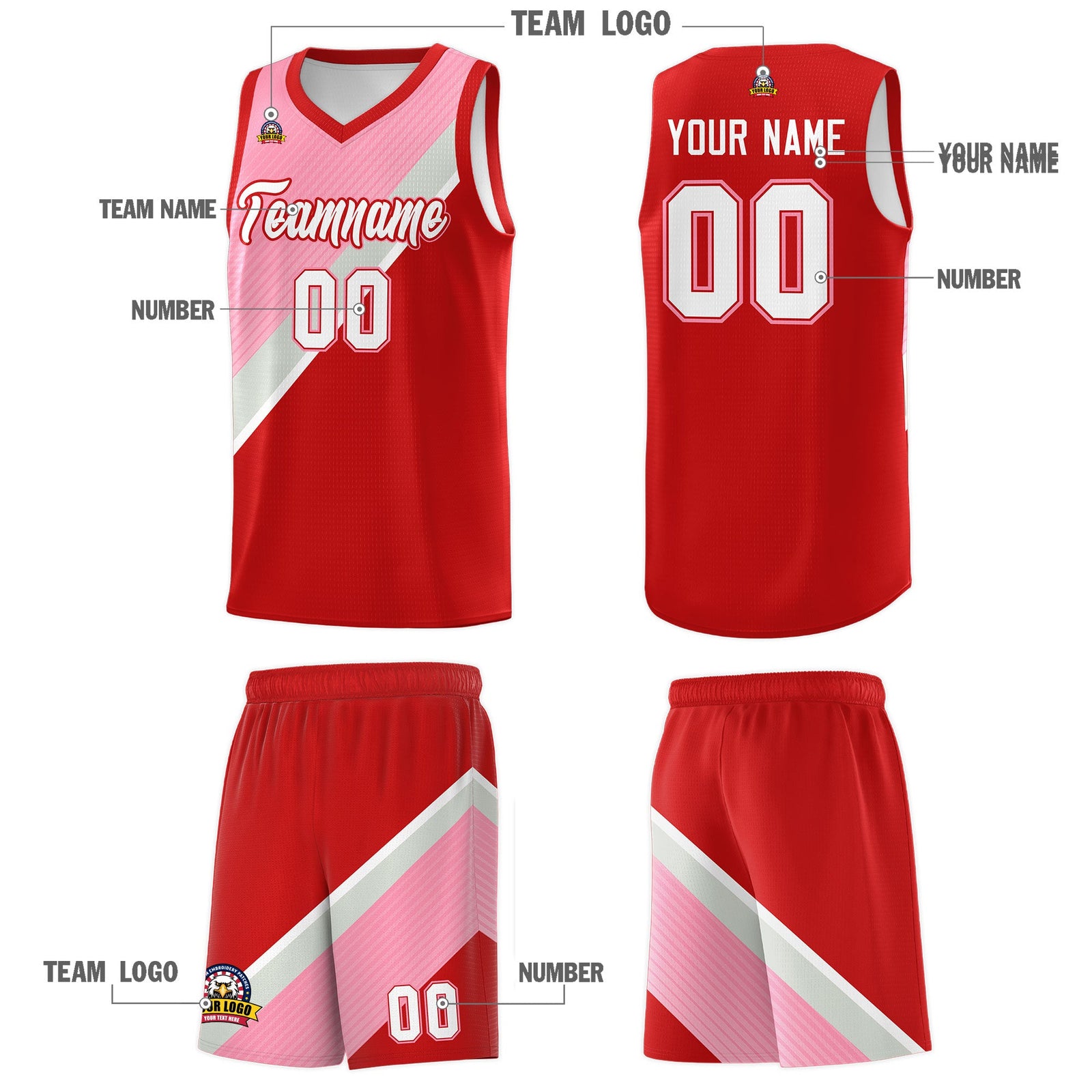Custom Red Light Pink Gray Diagonal Stripes Color Block Sets Basketball Jersey | For Men,Perfect for Teams,Perfect for Coaches,Sublimation Printed,For Kid,For Youth | KXKSHOP