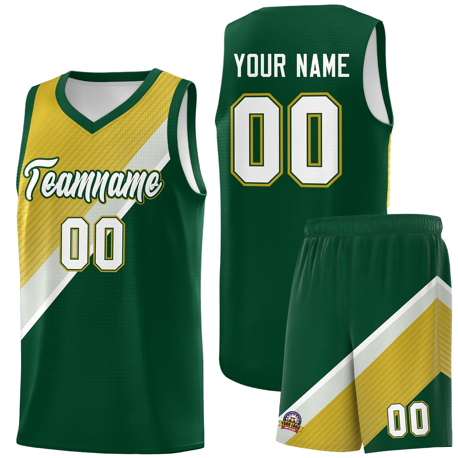 Custom Hunter Green Old Gold Gray Diagonal Stripes Color Block Sets Basketball Jersey | For Men,Perfect for Teams,Perfect for Coaches,Sublimation Printed,For Kid,For Youth | KXKSHOP