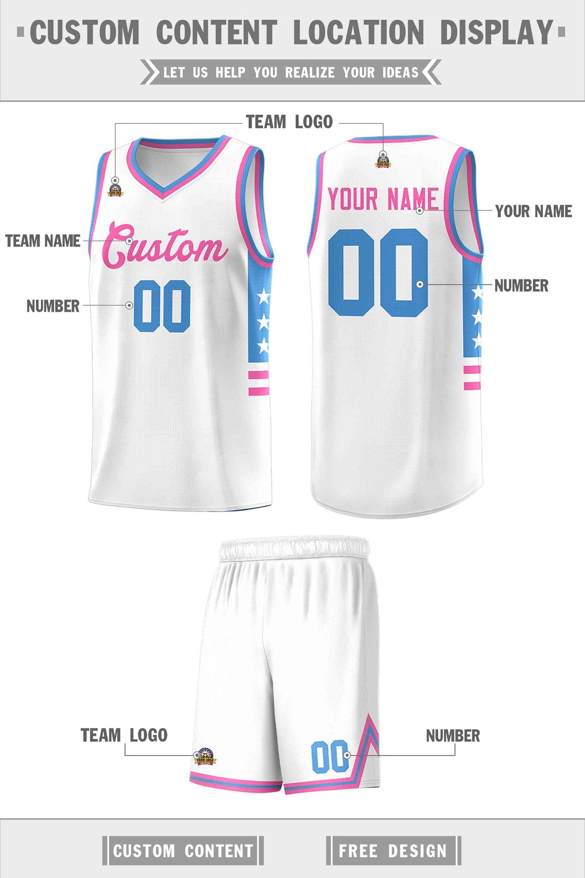 Custom White Powder Blue-Pink Personalized Star Pattern Sports Uniform Basketball Jersey