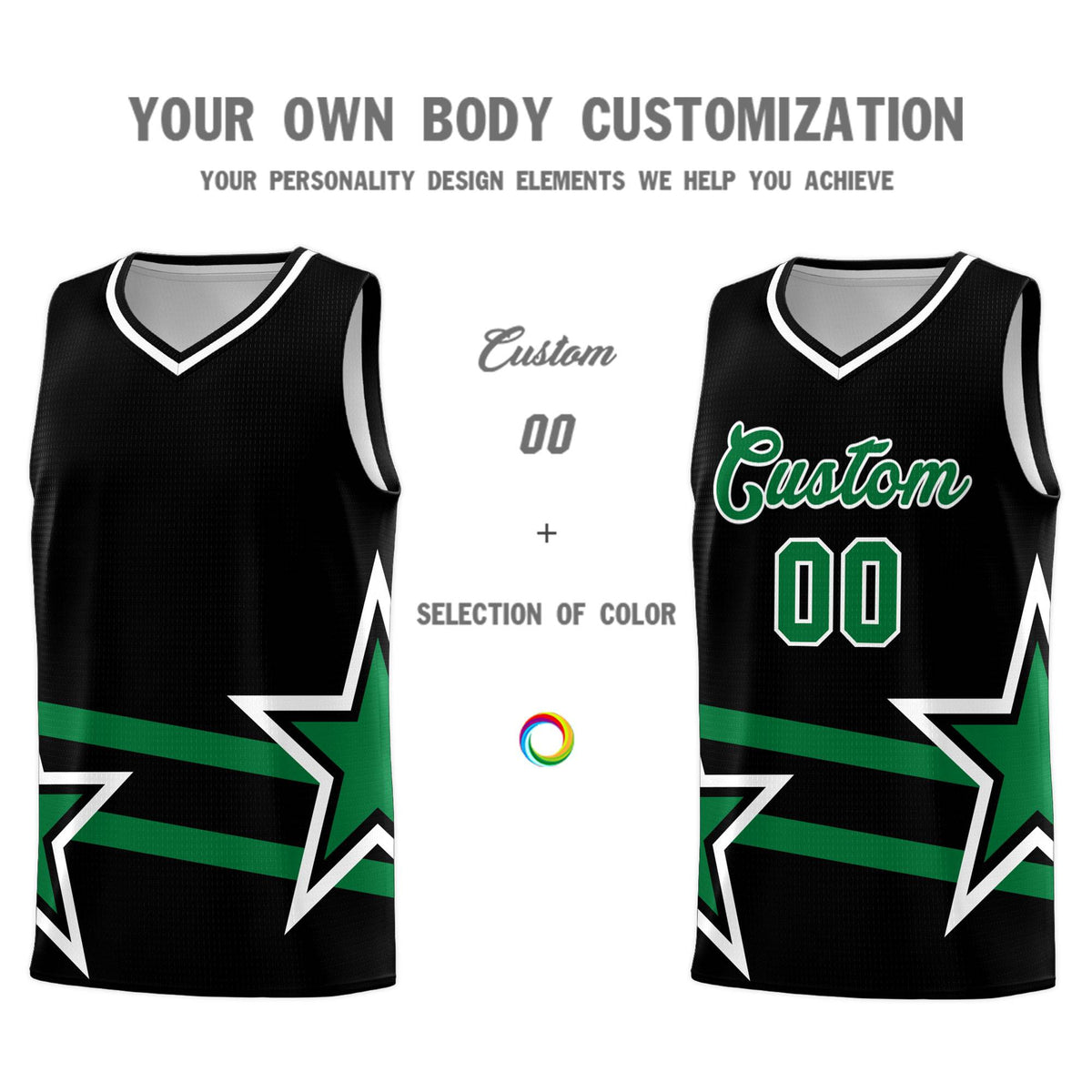 Custom Black Basketball Kits With Kelly Green Star Pattern And Double Lines