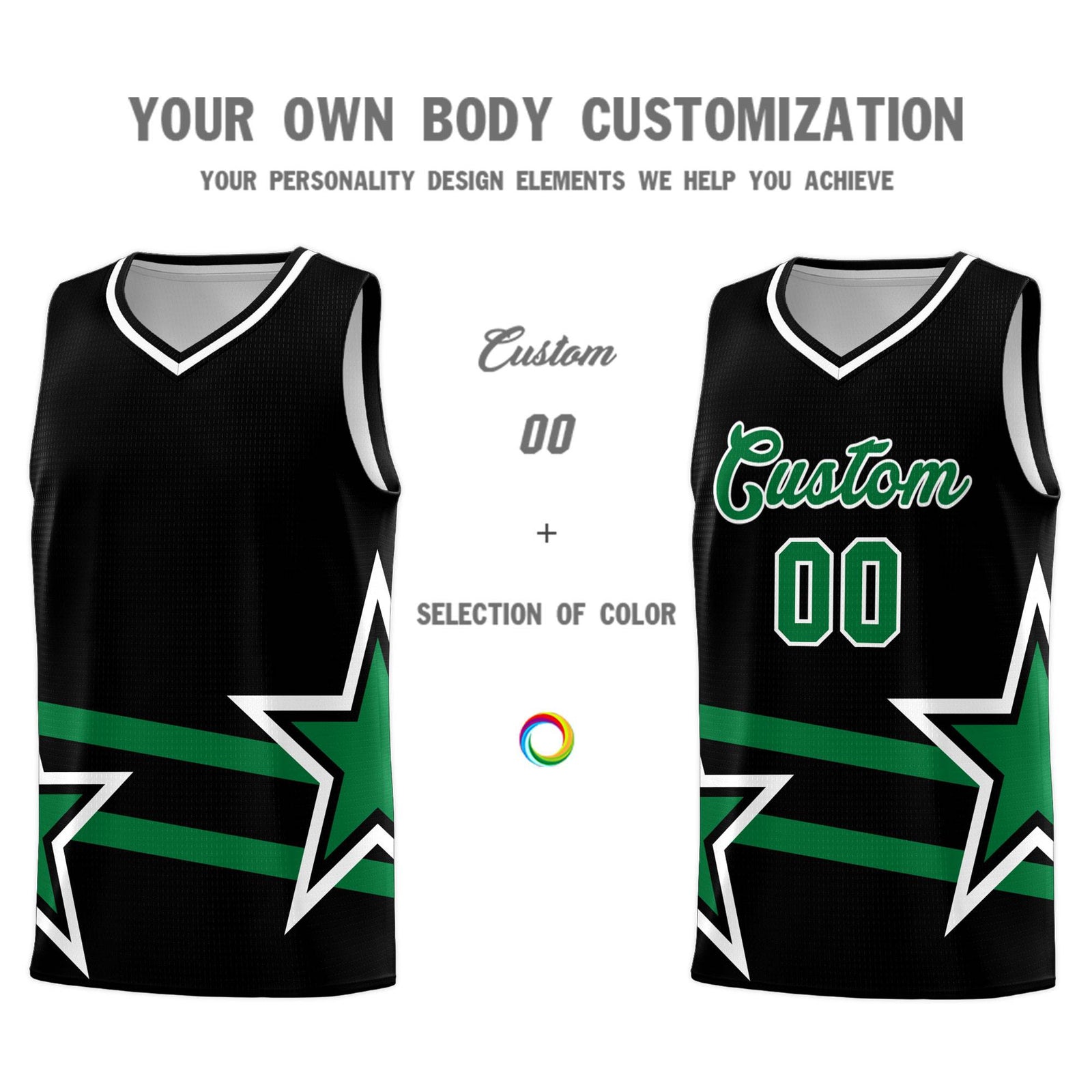 Custom Black Basketball Kits With Kelly Green Star Pattern And Double Lines
