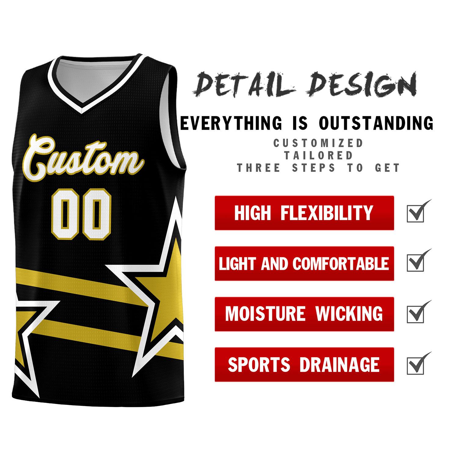 Custom Black Basketball Kits With Old Gold Star Pattern And Double Lines