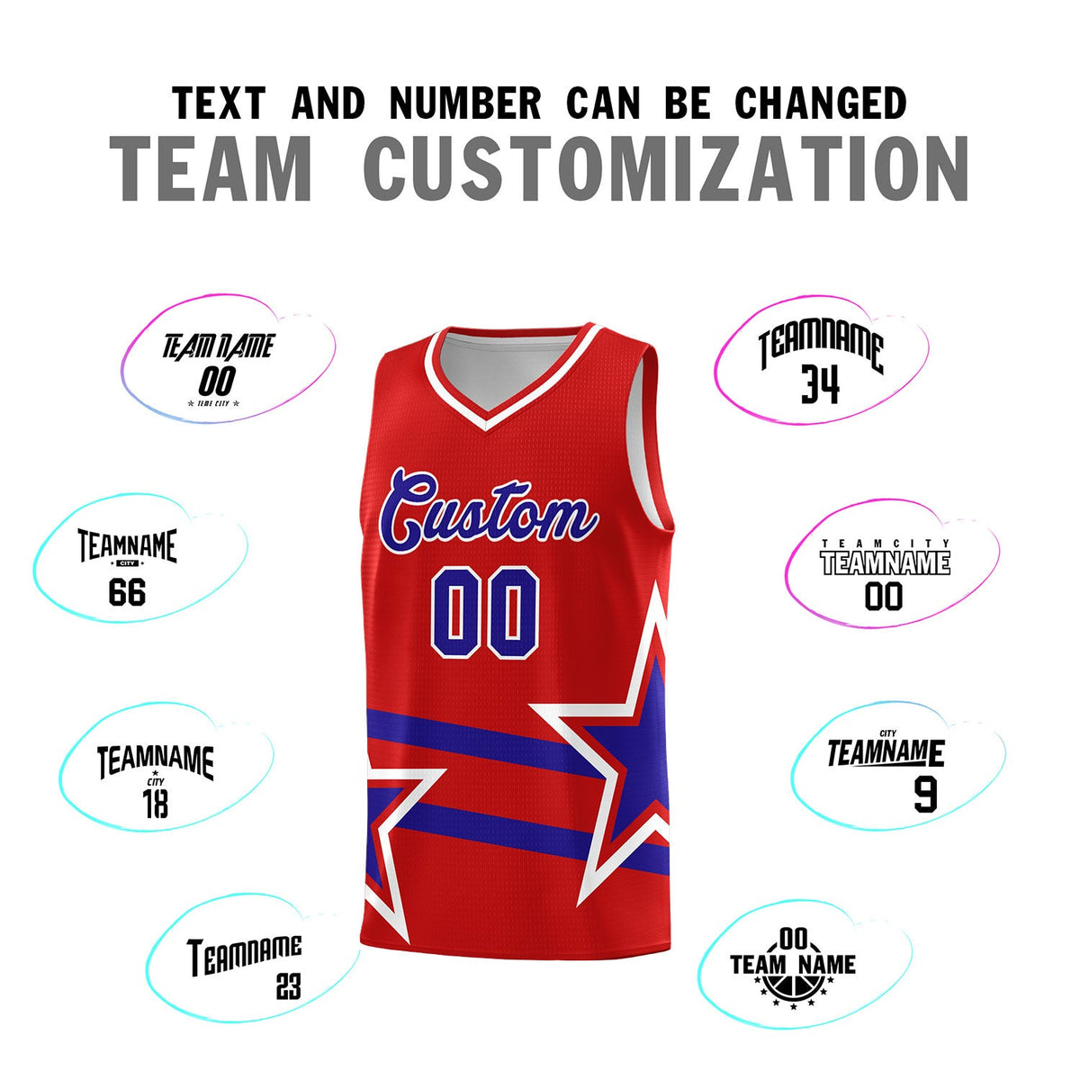 Custom Red Basketball Kits With Royal Star Pattern And Double Lines