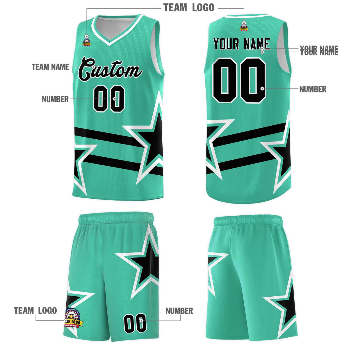 Custom Bright Green Basketball Kits With Black Star Pattern And Double Lines