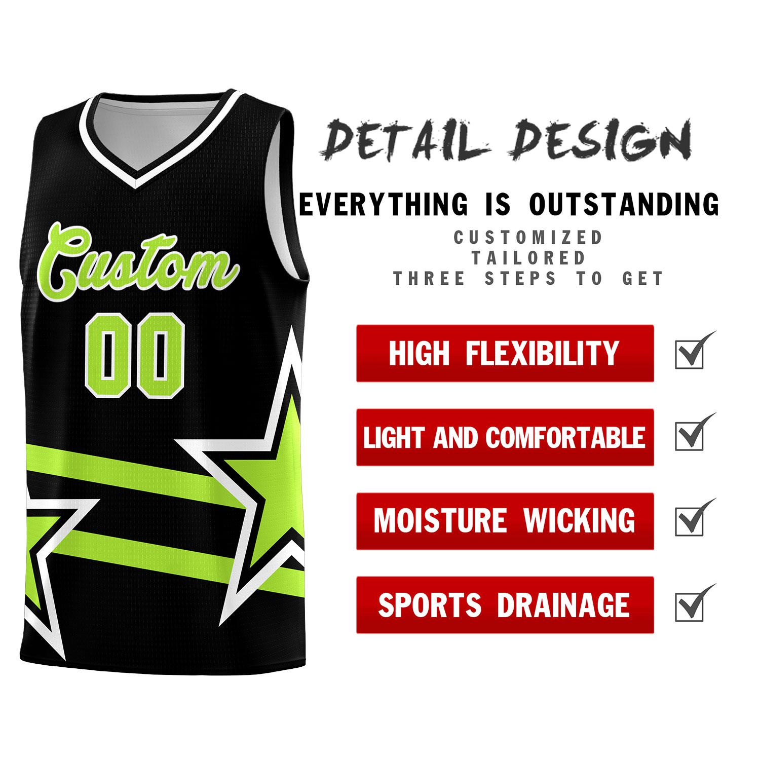 Custom Black Basketball Kits With Neon Green Star Pattern And Double Lines
