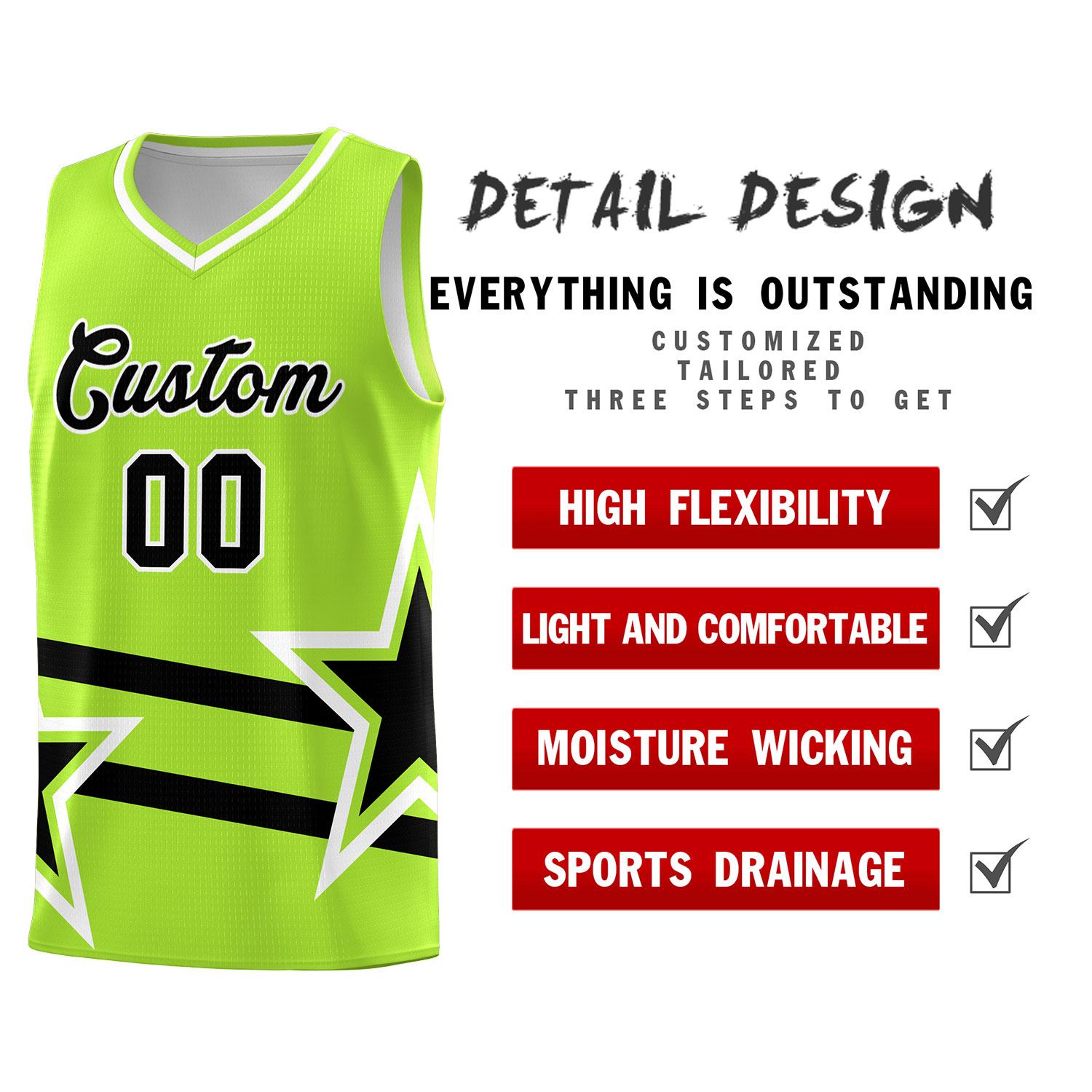 Custom Neon Green Basketball Kits With Black Star Pattern And Double Lines