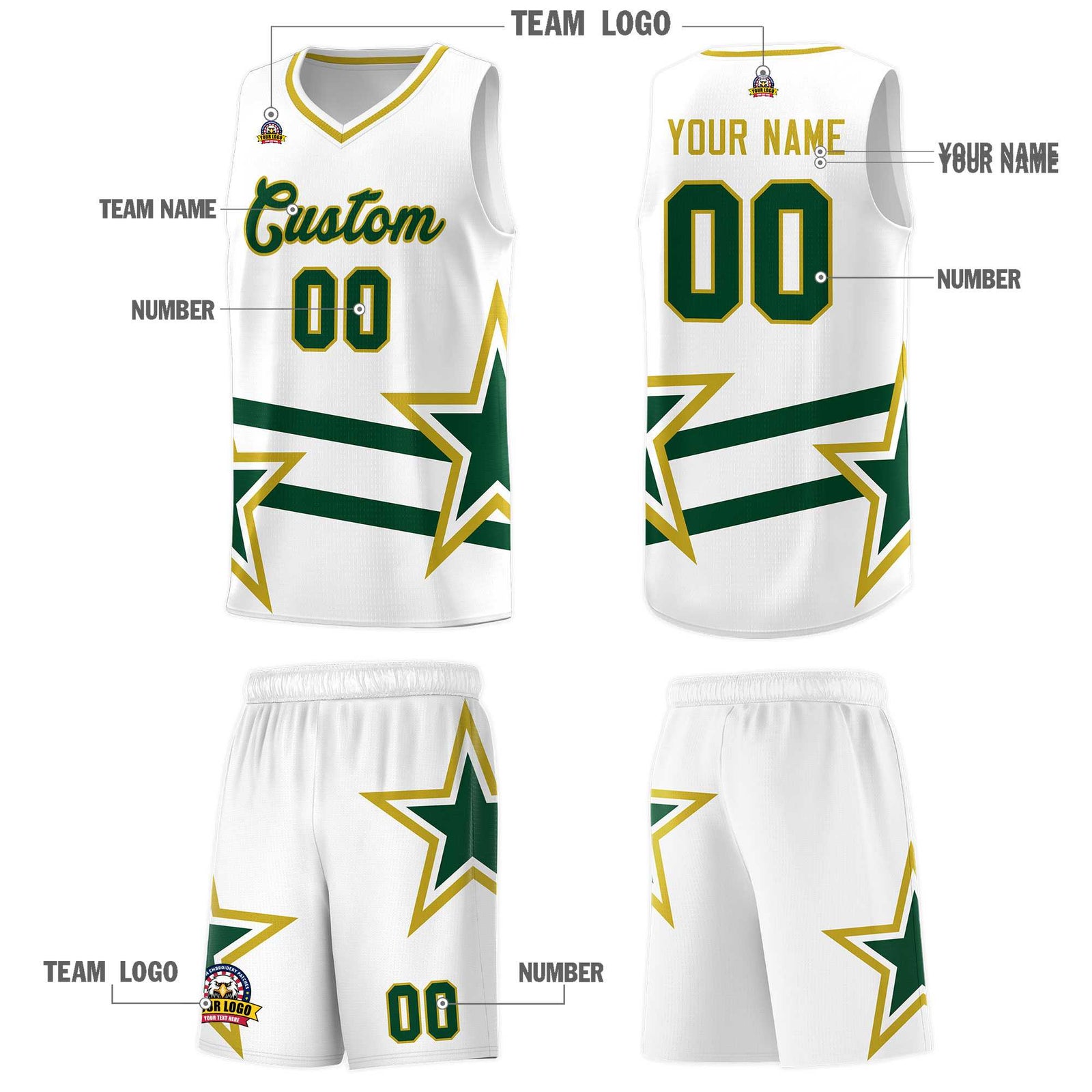 Custom White Basketball Kits With Green Star Pattern And Double Lines