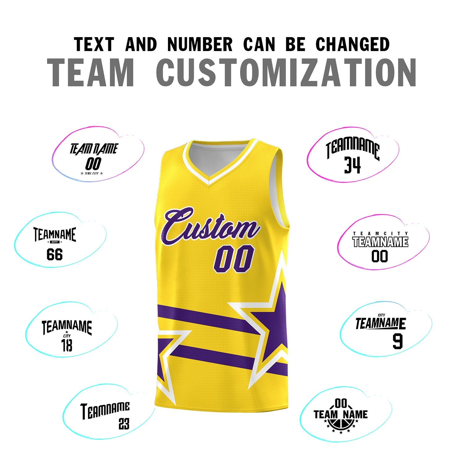 Custom Gold Basketball Kits With Purple Star Pattern And Double Lines