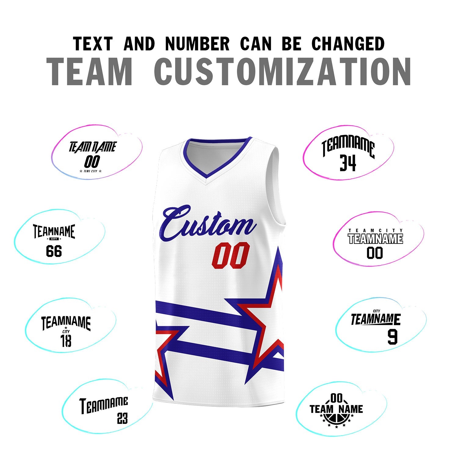 Custom Red Basketball Kits With Royal Star Pattern And Double Lines