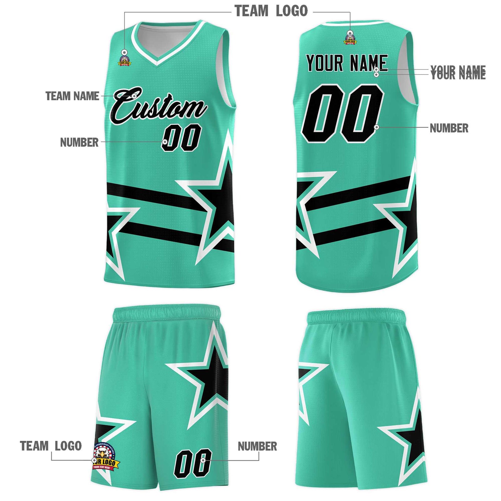 Custom Bright Green Basketball Kits With Black Star Pattern And Double Lines