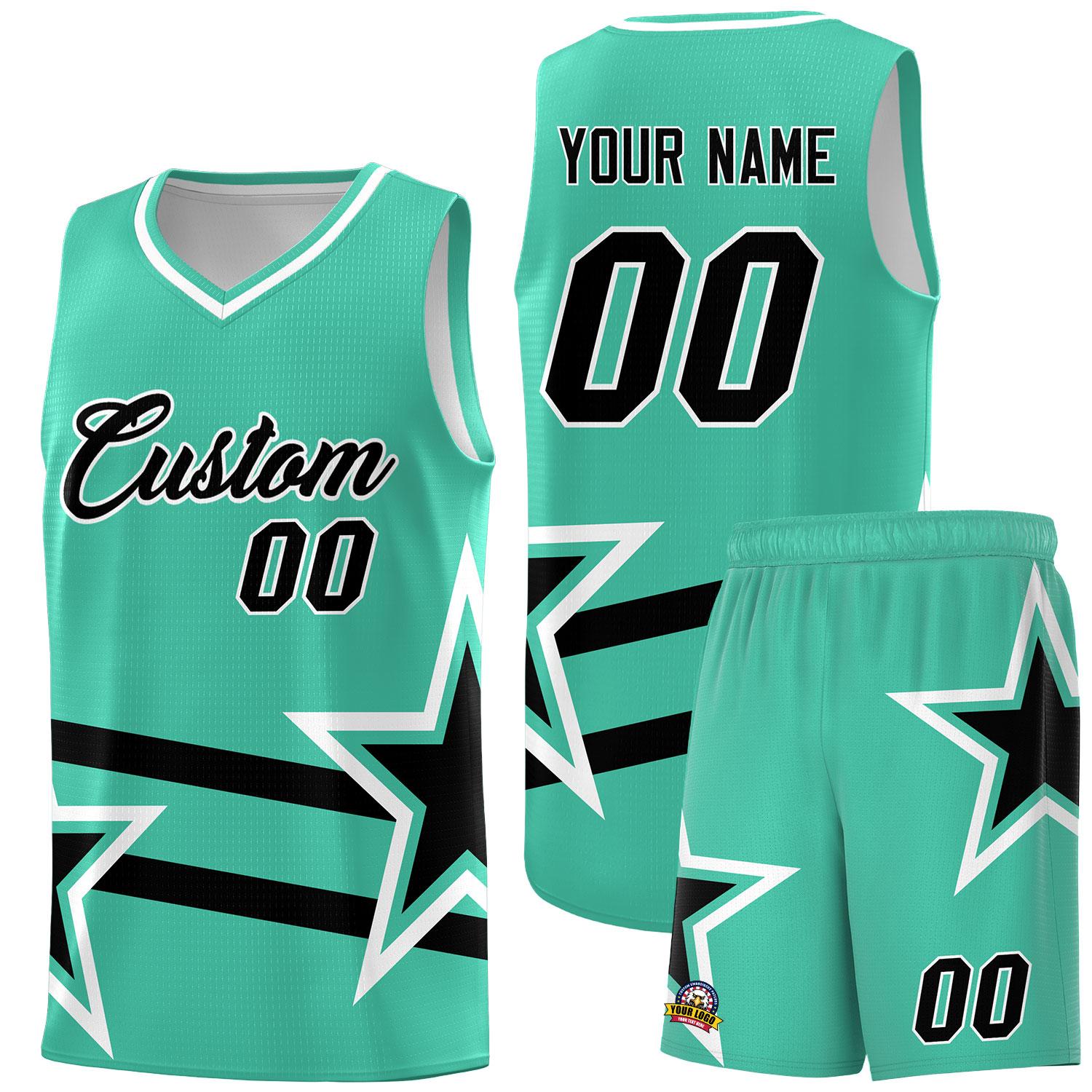Custom Bright Green Basketball Kits With Black Star Pattern And Double Lines