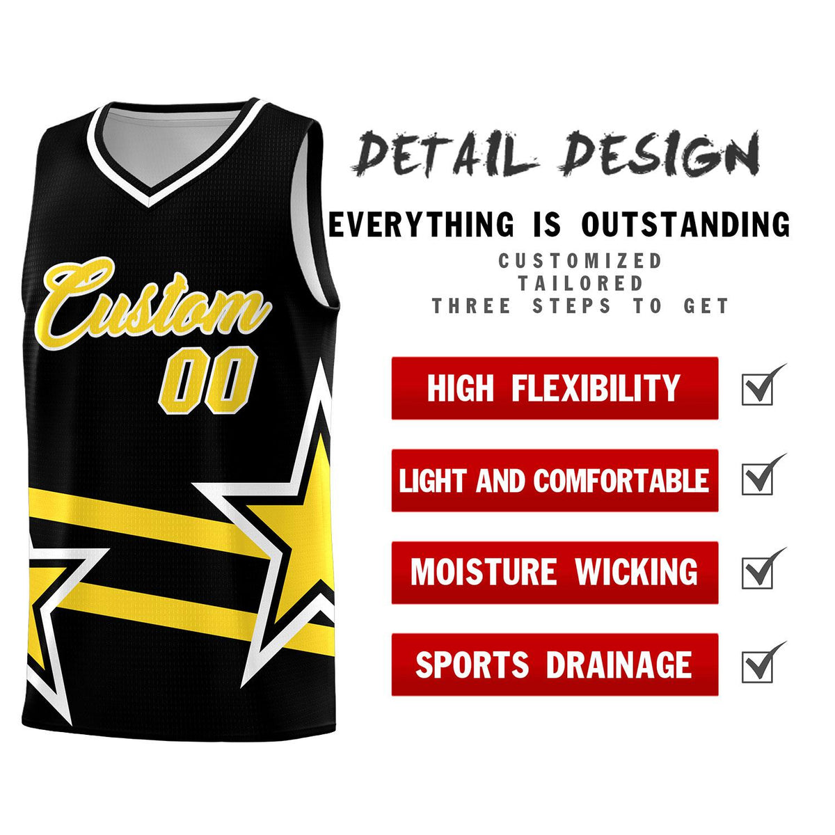 Custom Black Basketball Kits With Gold Star Pattern And Double Lines