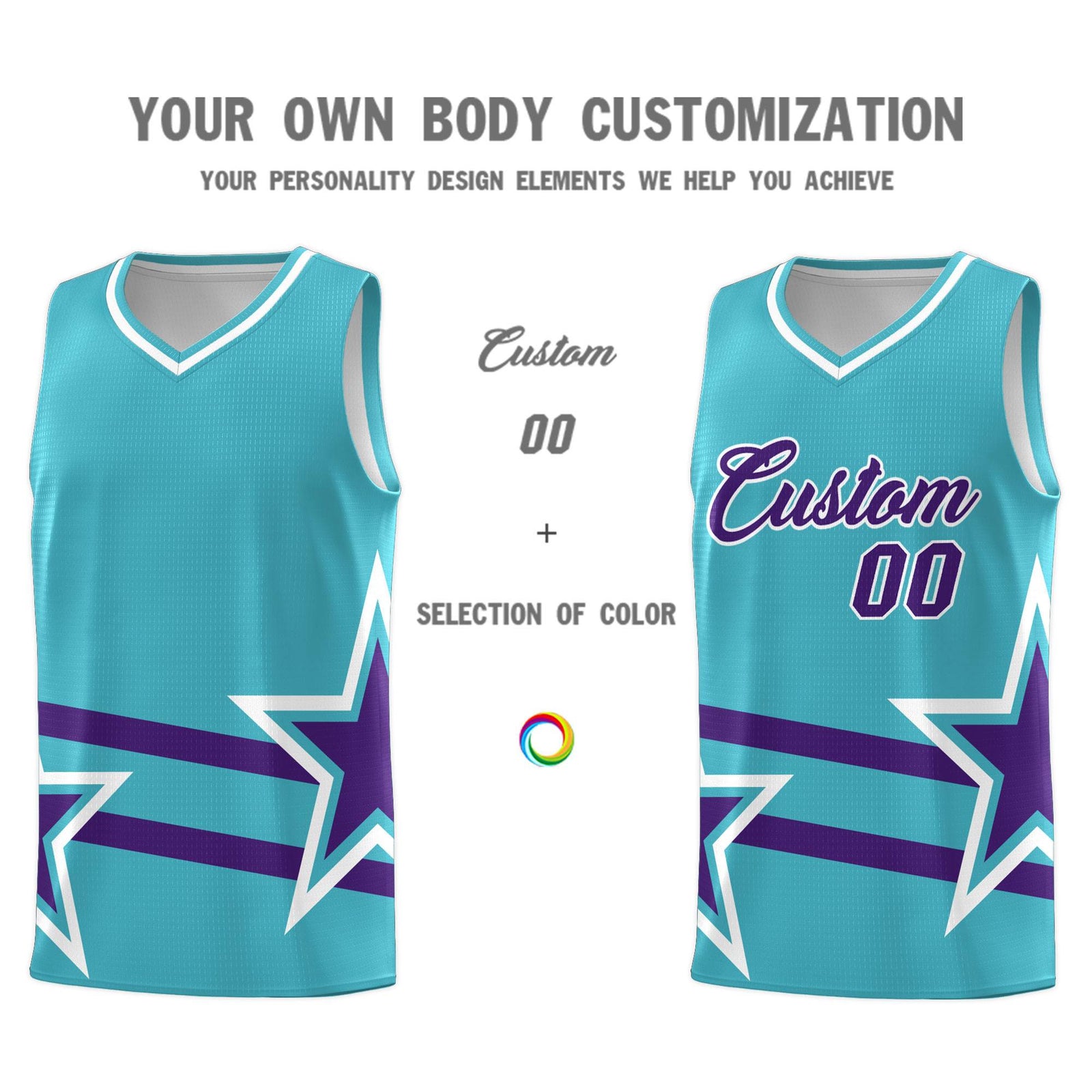 Custom Sky Blue Basketball Kits With Purple Star Pattern And Double Lines