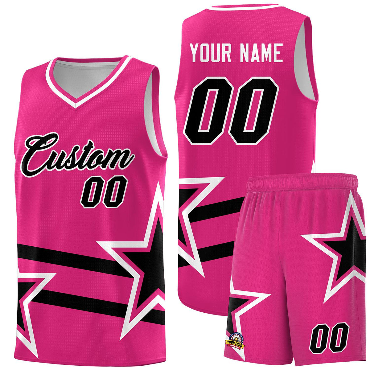 Custom Rose Red Basketball Kits With Black Star Pattern And Double Lines