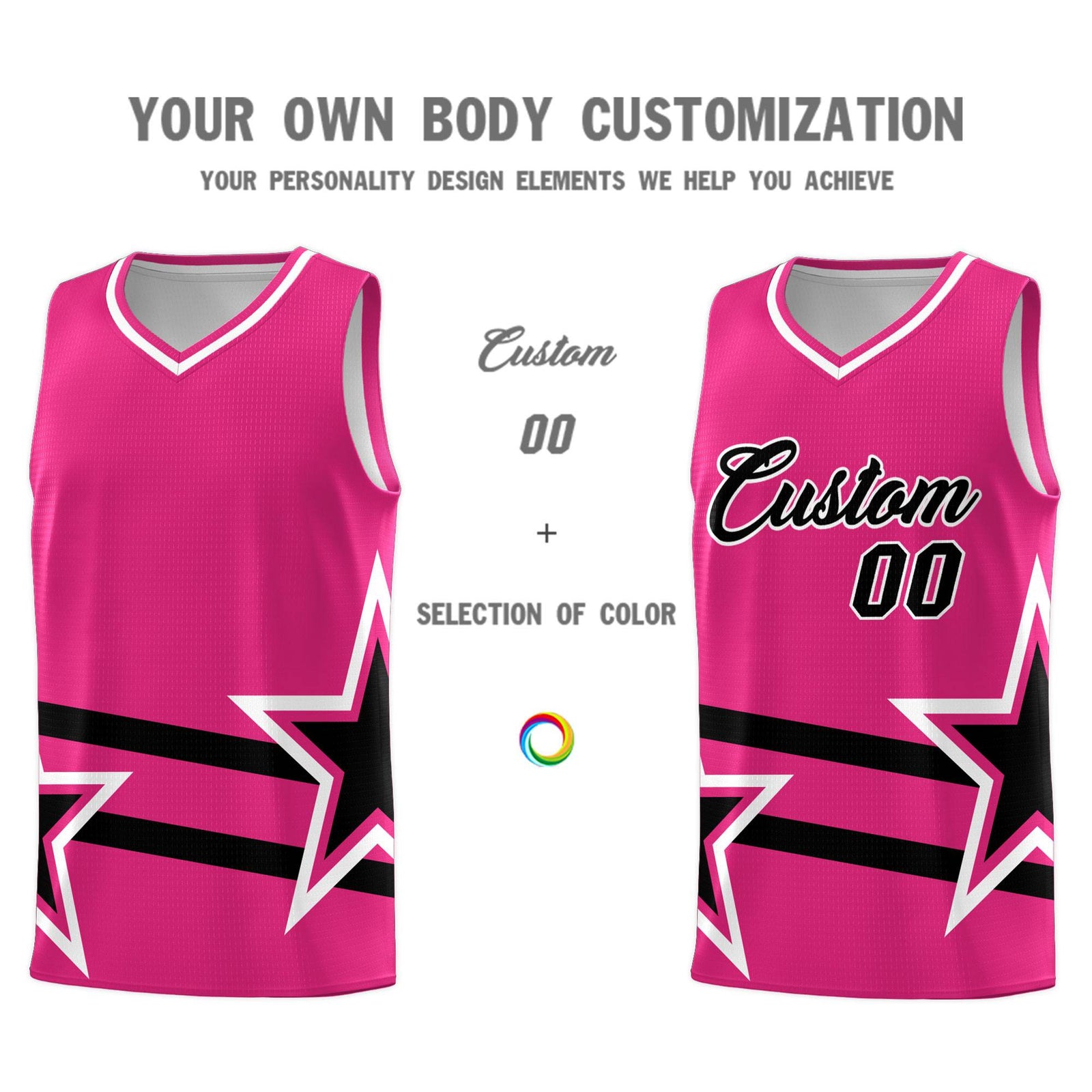 Custom Rose Red Basketball Kits With Black Star Pattern And Double Lines