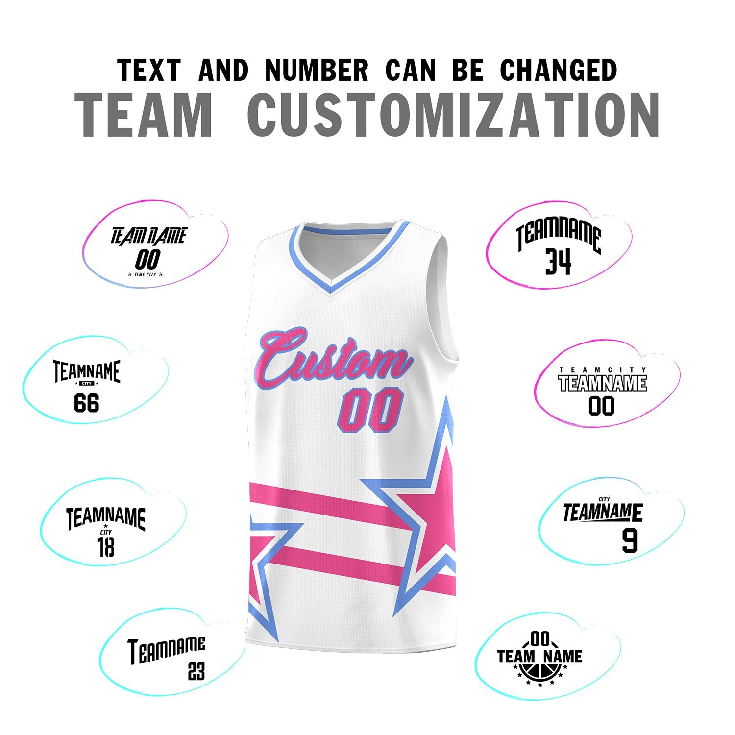 Custom White Basketball Kits With Pink Star Pattern And Double Lines