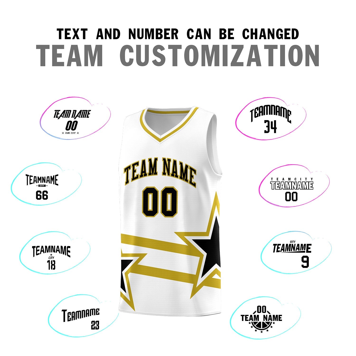 Custom White Basketball Kits With Old Gold Star Pattern And Double Lines