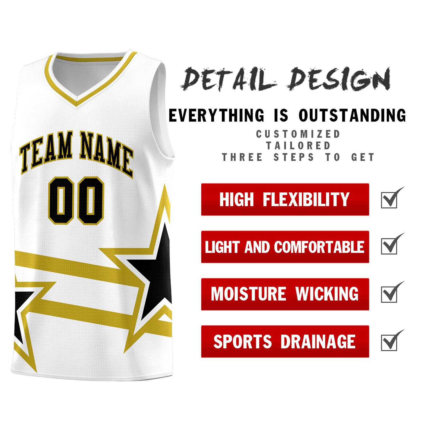 Custom White Basketball Kits With Old Gold Star Pattern And Double Lines