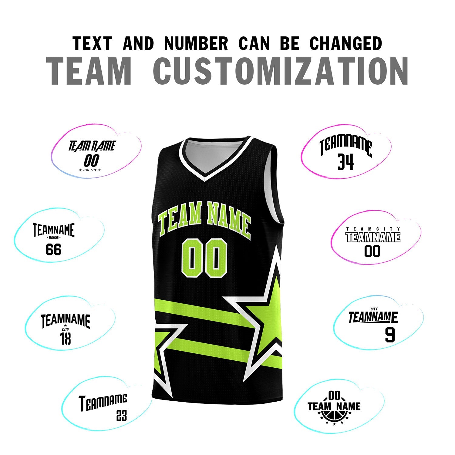 Custom Black Basketball Kits With Neon Green Star Pattern And Double Lines