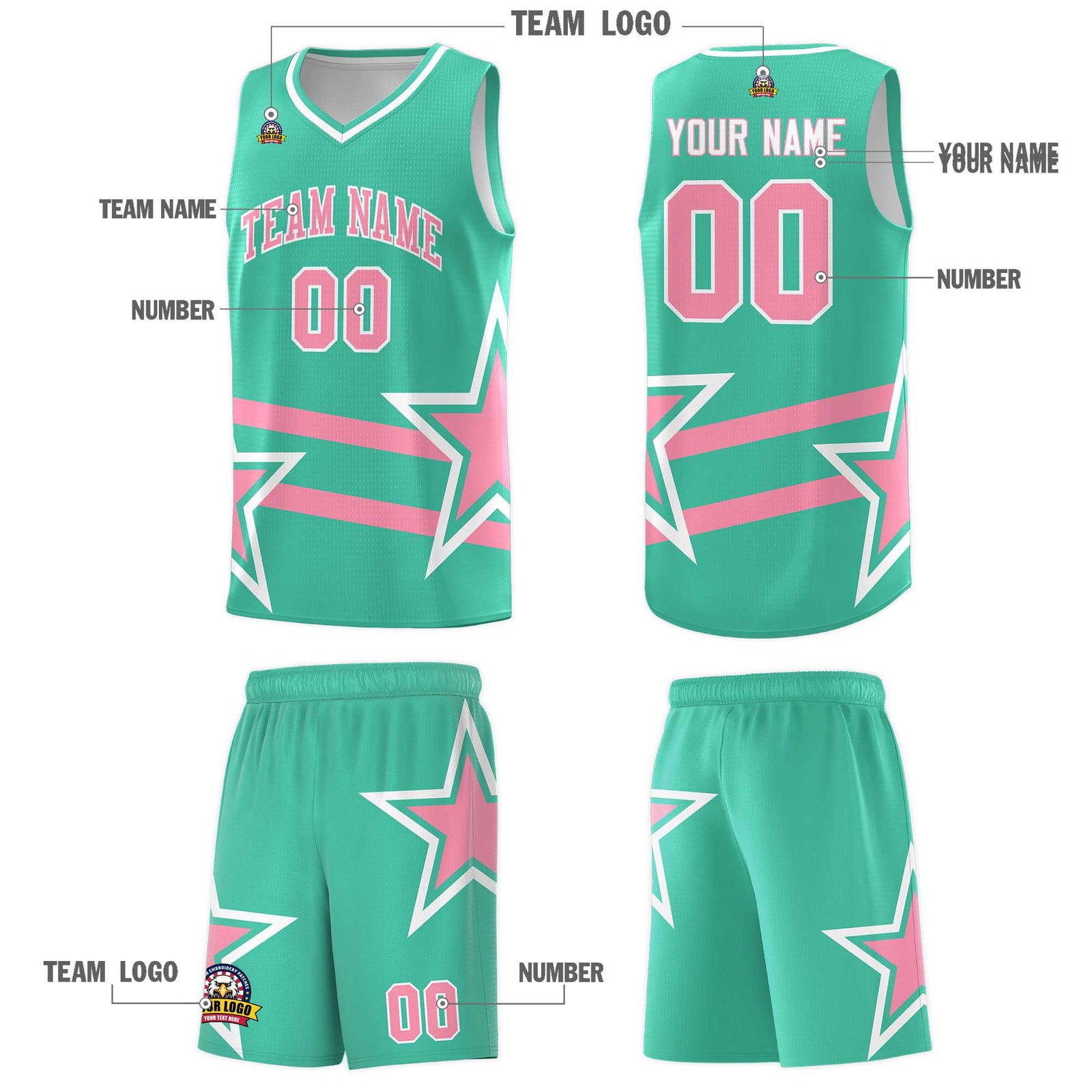 Custom Bright Green Basketball Kits With Light Pink Star Pattern And Double Lines