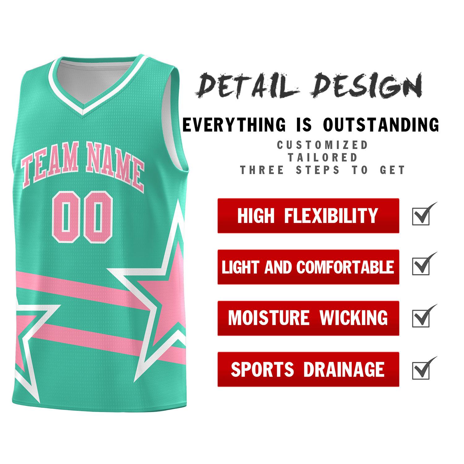 Custom Bright Green Basketball Kits With Light Pink Star Pattern And Double Lines