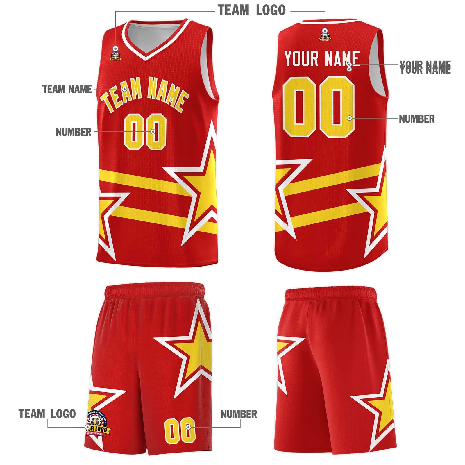 Custom Red Basketball Kits With Gold Star Pattern And Double Lines