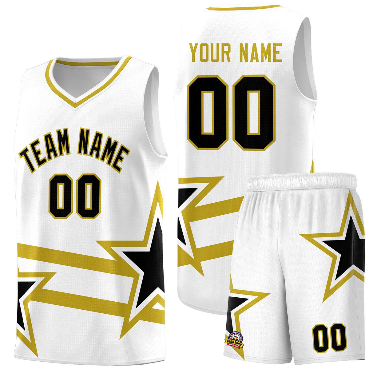 Custom White Basketball Kits With Old Gold Star Pattern And Double Lines