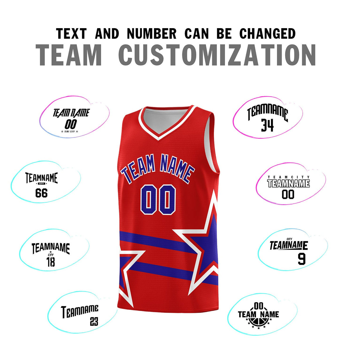 Custom Red Basketball Kits With Royal Star Pattern And Double Lines