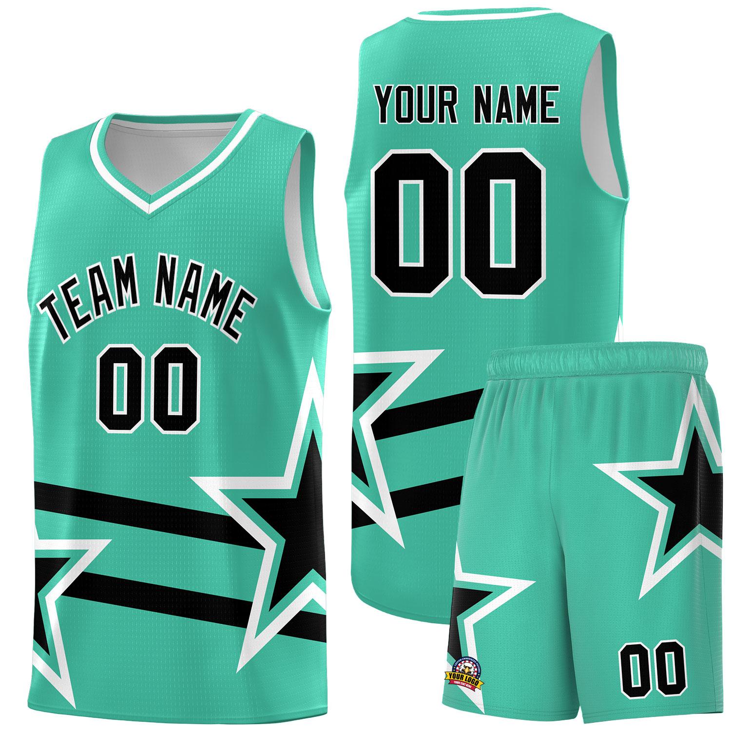 Custom Bright Green Basketball Kits With Black Star Pattern And Double Lines