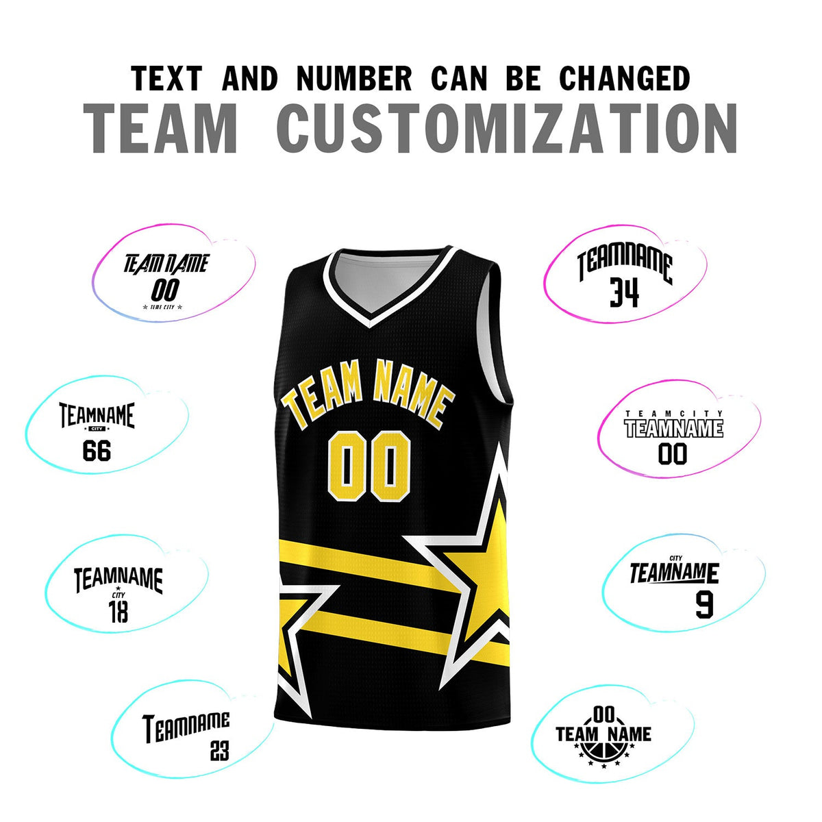 Custom Black Basketball Kits With Gold Star Pattern And Double Lines
